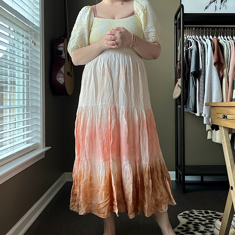 Watercolor tiered Maxi dress with short sleeves in pink, yellow, and amber